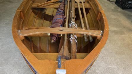 Penobscot 14, on trailer, from bow looking inside