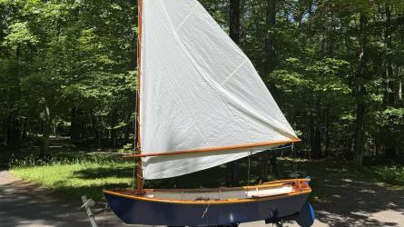 Sailing skiff, on trailer port side view