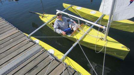 All of the sail-control lines lead to the cockpit within easy reach of the sailor.