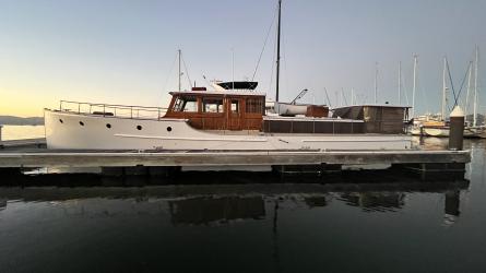 M/V TAUTIRA exterior at sunset in Pelican Harbour, Sausalito