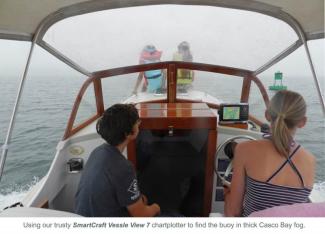 Using the chart-plotter to find the buoy in Casco Bay fog.