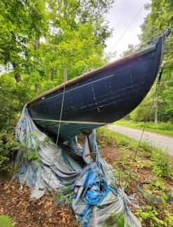 1920 Herreshoff S Boat in need of restoration, starboard side bow view