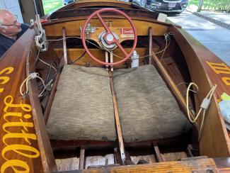 1950 Papst wooden racing boat, inside view looking towards wheel
