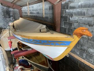 2014 19' Ness Yawl Designed by Ian Oughtred, stored starboard bow view