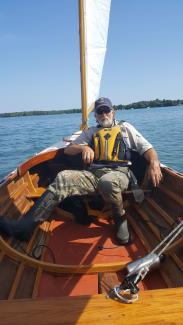19' 7" Ketch Rigged Sailboat, undersail, blue skies, view inside towards bow