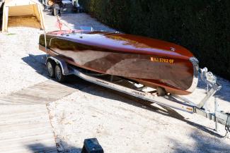Custom 1998 Laminated Honduras Mahogany Gentlemen's Racer 30, on trailer