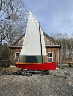 Goat Island Skiff, on trailer sail up