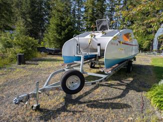 Solar Electric Trailerable Catamaran, on trailer, bow port side view