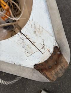 Shellback dinghy—a classic Joel White design, up close view of bow