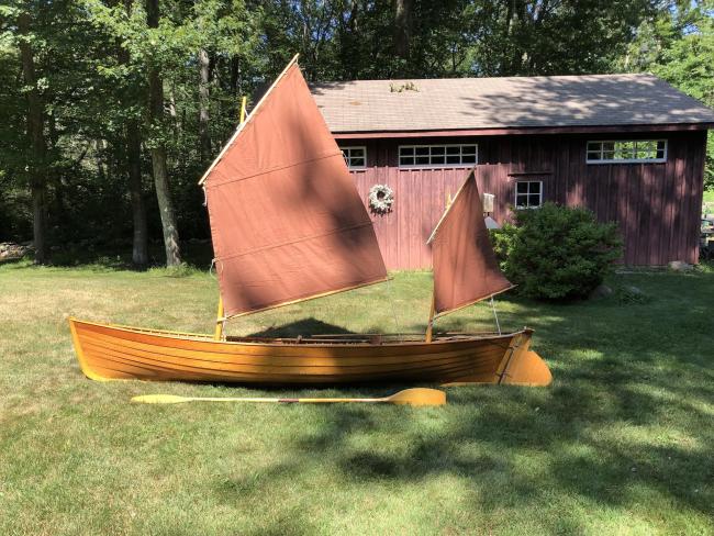 "Piccolo" 12' 8" Sailing Canoe and Model, on the grass, sails up