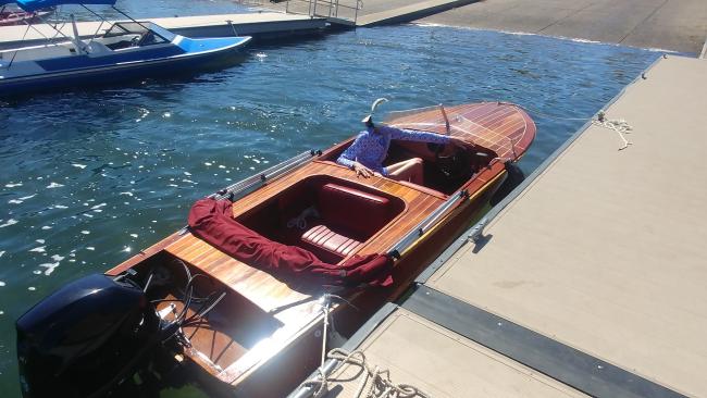 Runabout , docked view from stern starboard side