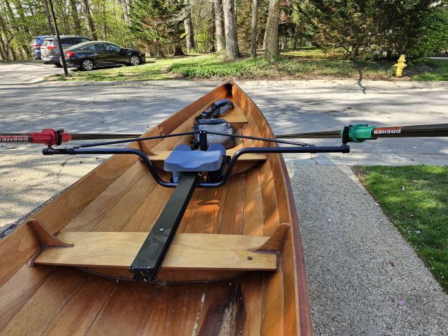 Annapolis Wherry Wooden Sliding Seat Row Boat, on stants close view