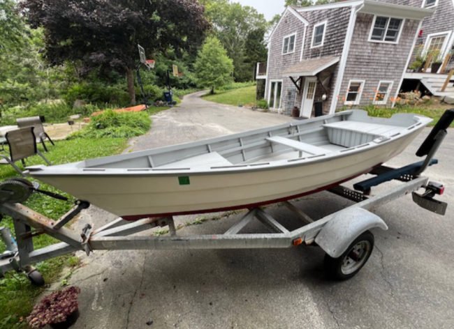 12 10 classic Lapstrake Skiff for sale, on trailer port side bow view