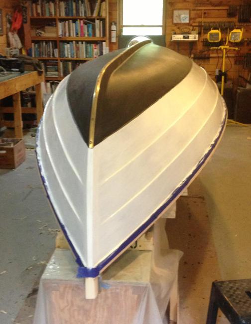 17' LOA Cape Split Peapod, bottom of boat upside down in shop