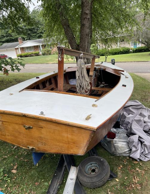 19' Lightening  sailboat, in yard looking at stern, starboard side