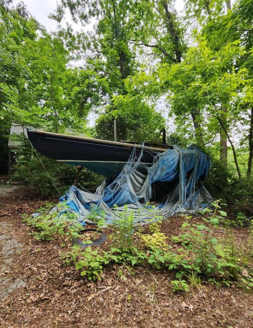 1920 Herreshoff S Boat in need of restoration, port side bow view