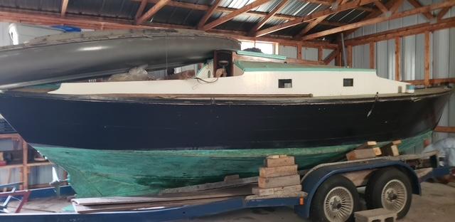 1938 Gaff-rigged Cutter, inside on trailer port side view