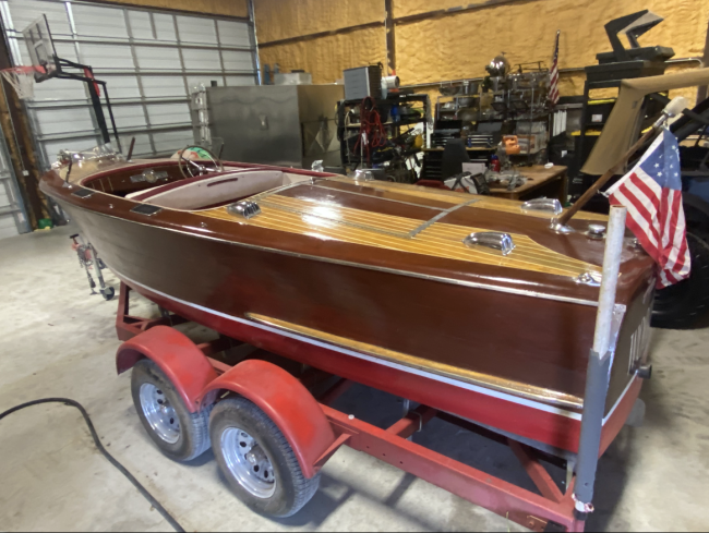 1948 Century 17' Sea Maid, on trailer port side view