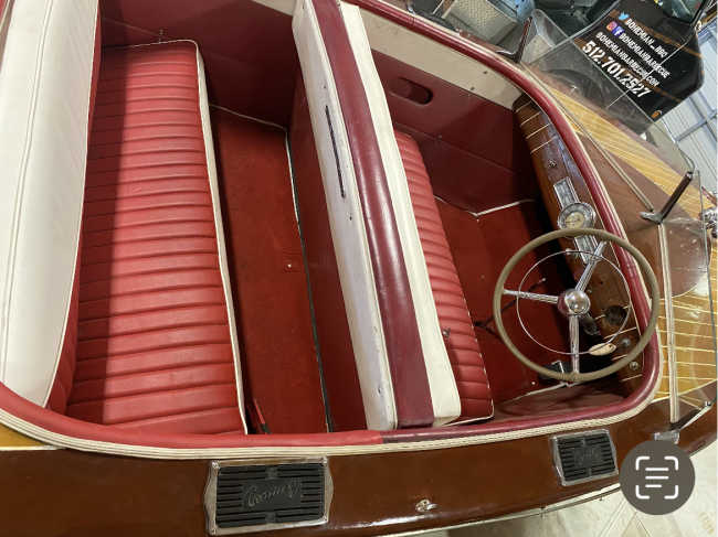 1948 Century 17' Sea Maid, on trailer, view from above, wheel and seats
