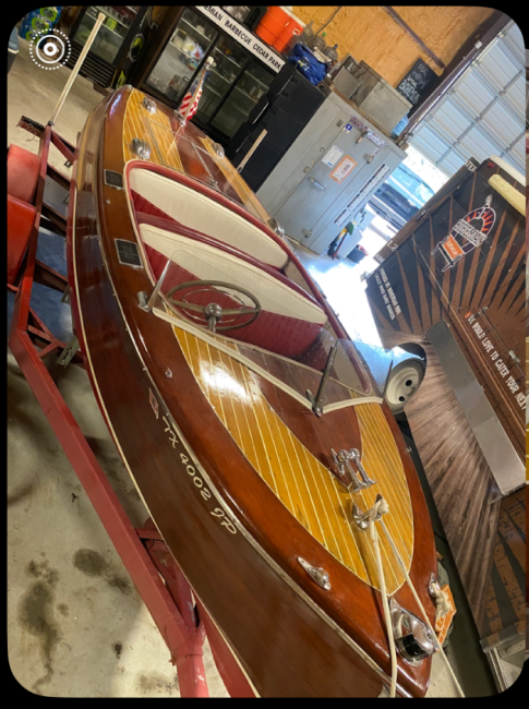1948 Century 17' Sea Maid, inside on trailer, view from above from bow looking down startboard side