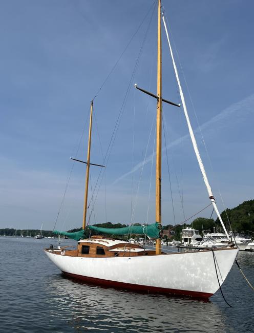1962 Herreshoff H28 ketch, in water starboard side view