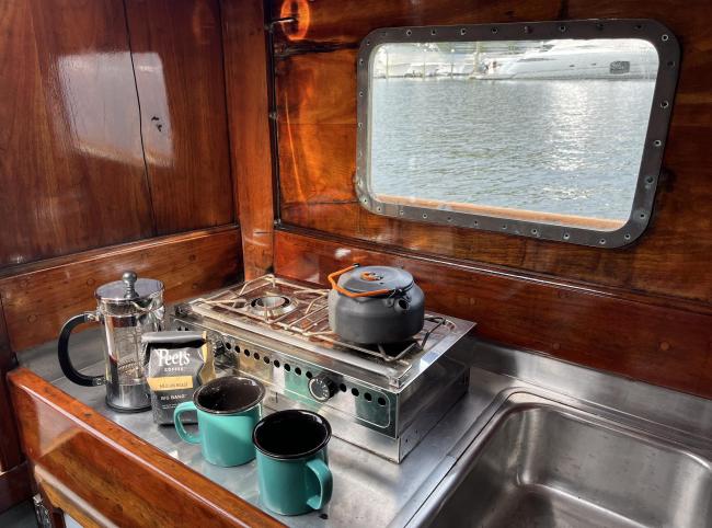 1962 Herreshoff H28 ketch, inside kitchen space