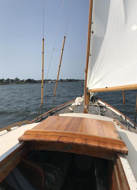1962 Herreshoff H28 ketch, undersail view from boat looking toward bow