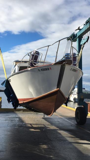 1963 Chris-Craft Futura 33', out of water on lift view from bow