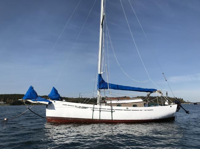 1990 Lyle Hess Cutter, in water on mooring starboard side view