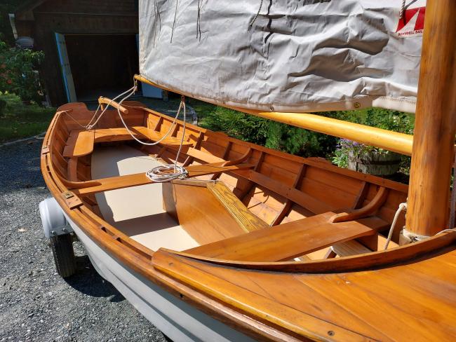 15' Dory-skiff, on trailer looking down towards stern on starboard side