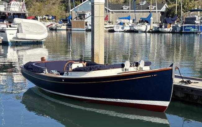 2025 Paul Gartside Custom 17' Electric Launch, docked starbaord side view