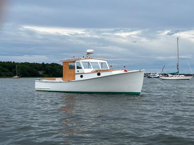 30' Ralph Stanley Classic Lobster Cruiser, in water starboard side bow view