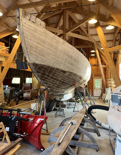 37' Alden hull, on stands bow port side view