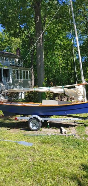 14' Oyster Sharpie - Howard Chapelle design-  on trailer starboard side view