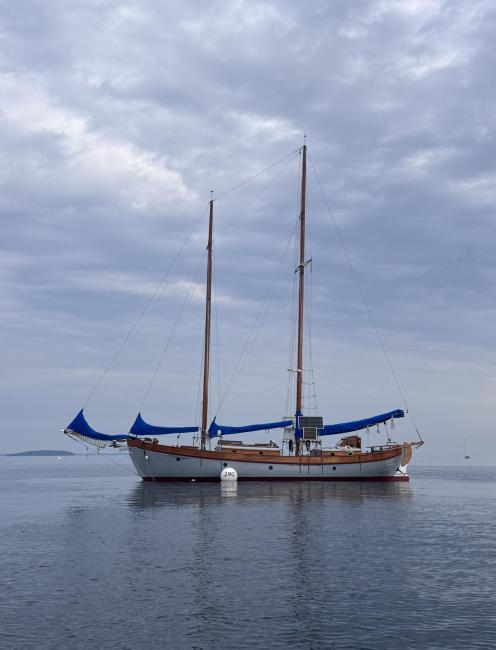 52 foot staysail schooner MOONDRIFT, in water moored port side view