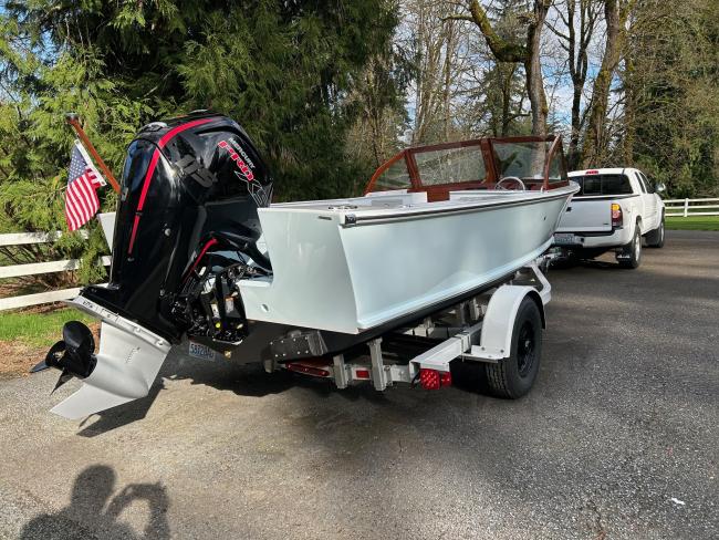 Albury Brothers Runabout, on trailer view of stern starboard side view