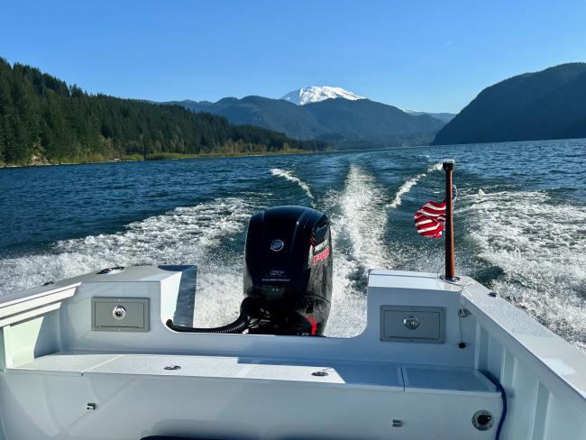 Albury Brothers Runabout, underway from inside boat looking toward stern wake
