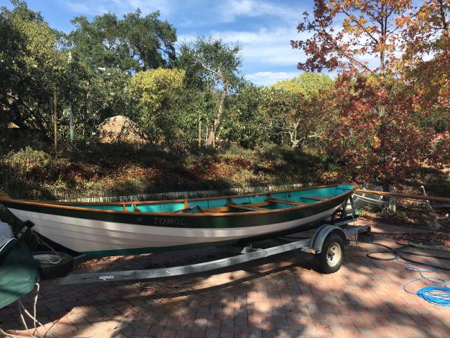 21-Foot Beachcomber Alpha Sailing Dory for sale,  on trailer port side view
