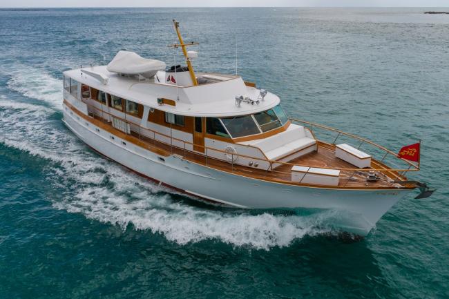 Great Wooden Boats Available for Sale & Lease, power boat underway starbaord side bow view from above