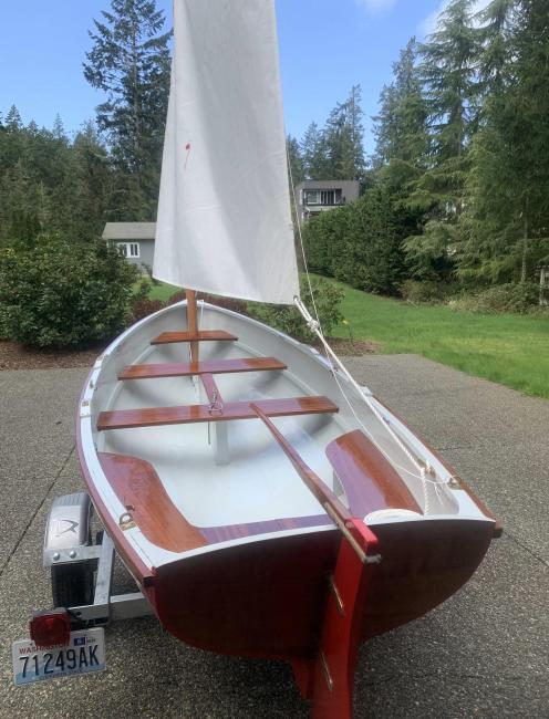 Catspaw Dinghy strip Plank Versian, on trailer sail up view of stern and inside boat