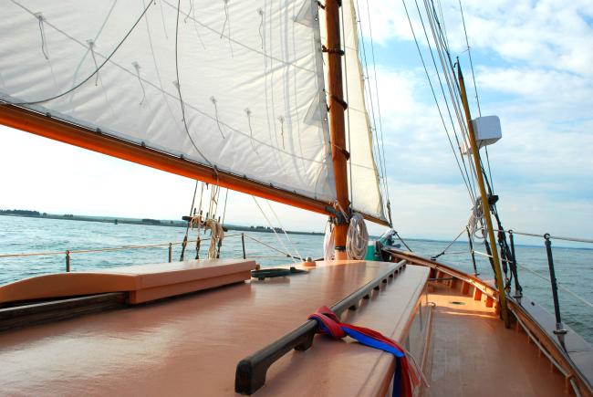 1948 John Hanna 30' Tahiti Ketch, from  deck on water looking towards bow