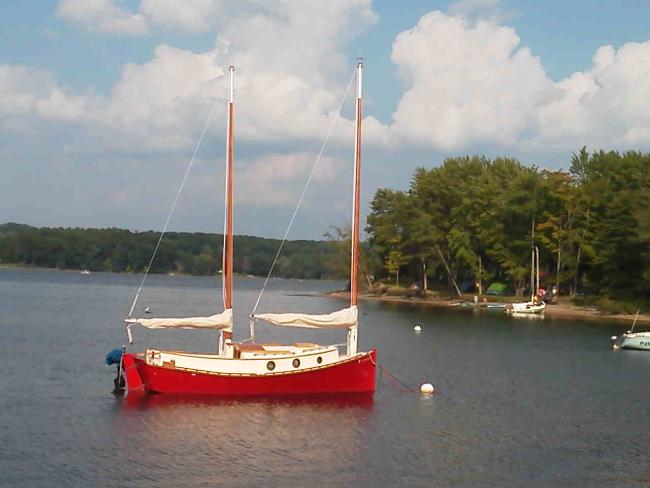 Custom cat ketch, moored starboard side view