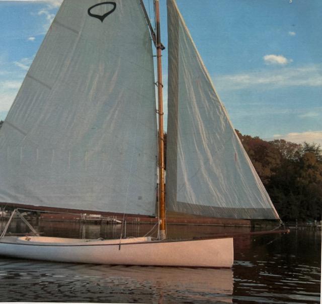 1978 Mystic Cat 15, in water sails up, starboards side view