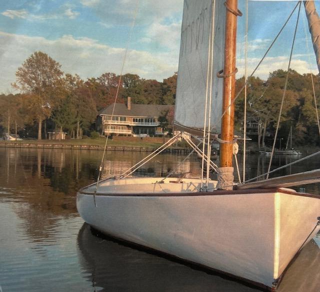 1978 Mystic Cat 15, in water, sails up, starboard side bow view