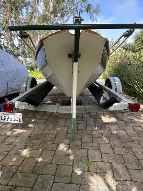 21-Foot Beachcomber Alpha Sailing Dory for sale, on trailer full stern view