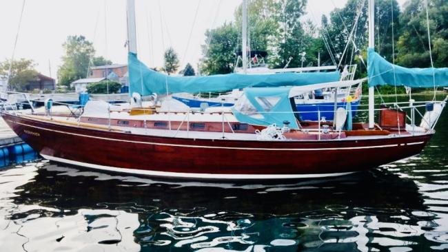 Rainmaker 1963 Yawl 39' bright finish, in water port side view