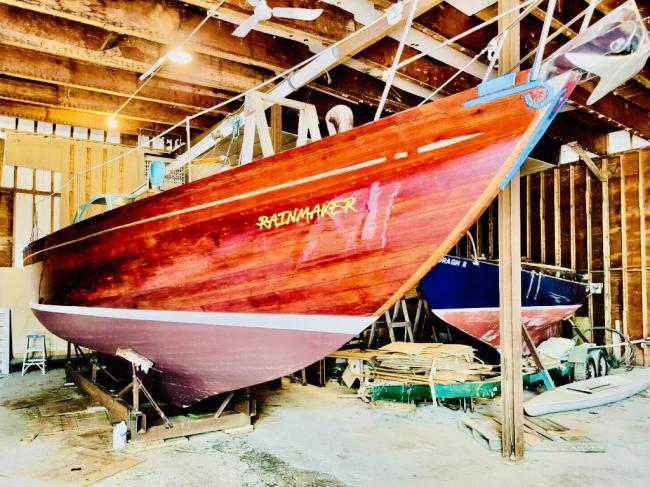 Rainmaker 1963 Yawl 39' bright finish, inside view on stands bow starboard side