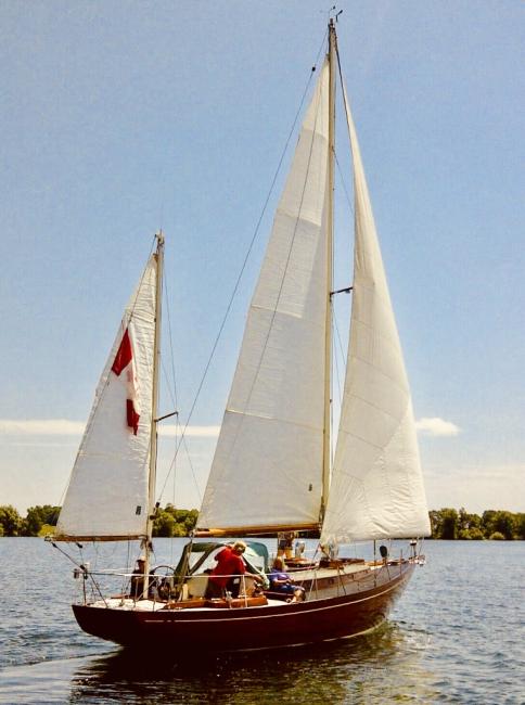 Rainmaker 1963 Yawl 39' bright finish, undersail starboard and stern view