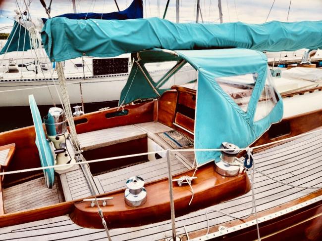 Rainmaker 1963 Yawl 39' bright finish, up-close of deck