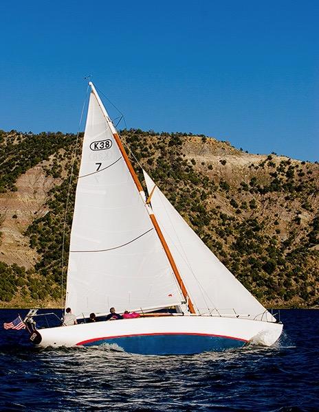 1951 Kettenburg K-38 with trailer, undersail starboard isde view, heeling